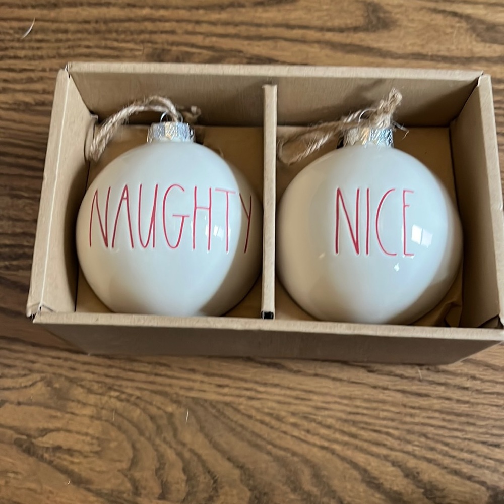 Rae Dunn Ceramic Ornaments Set of 2 (Naughty, Nice)